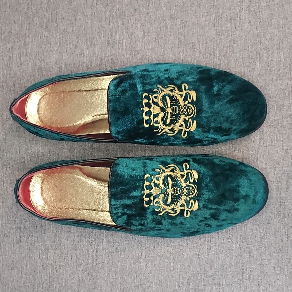 Green Velvet Gold Embroidered Bee Crest Men's Loafers Driving Shoes Size EU45
